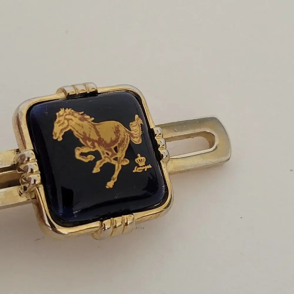 Limoges Castel France Gold Blue Tone Tie Clip Black‎ Horse Design 2 Inch